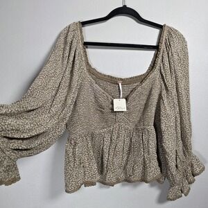 Free People Womens XL Brown Floral Babydoll Peplum Smocked Top Romantic Peasant